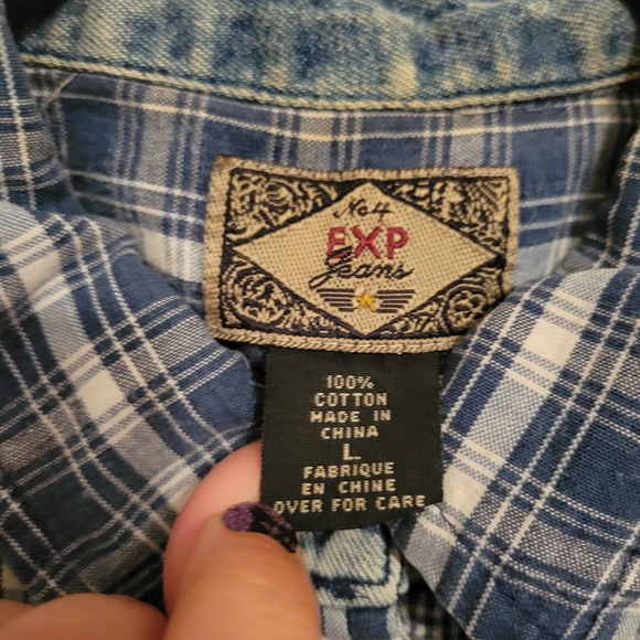 90s/Y2K EXP Jeans short sleeve blue plaid button down shirt | Size L - Picture 3 of 5